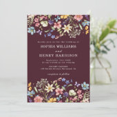 Wildblume Rustikaler Chic Burgund Hochzeitsstichta Einladung (Stehend Vorderseite)