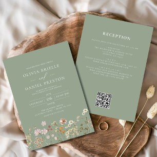 Wildblume Sage Green All in One QR Code Hochzeit Einladung