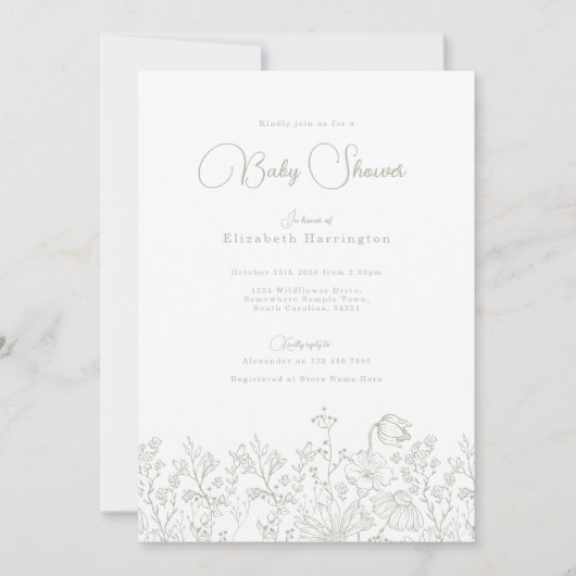 Wildblume Sage Green Baby Dusche Einladung (Vorderseite)