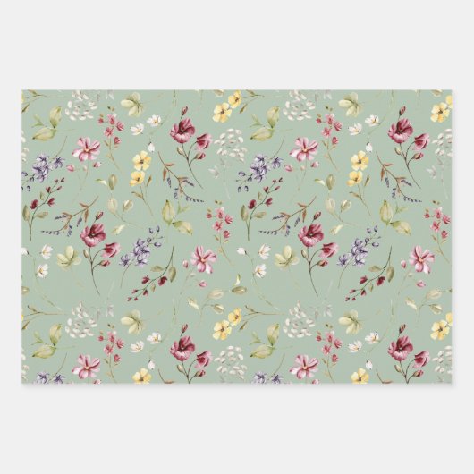 Wildblume Sage Green Floral Geschenkpapier Set (Vorderseite 3)