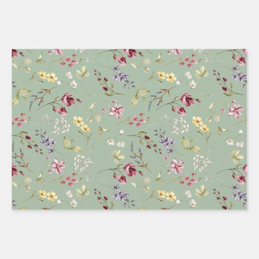 Wildblume Sage Green Floral Geschenkpapier Set (Vorderseite)