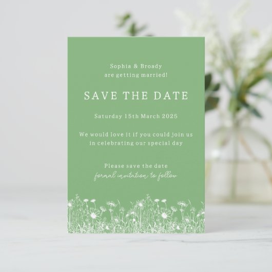 Wildblume Sage Green Save the Date (Stehend Vorderseite)