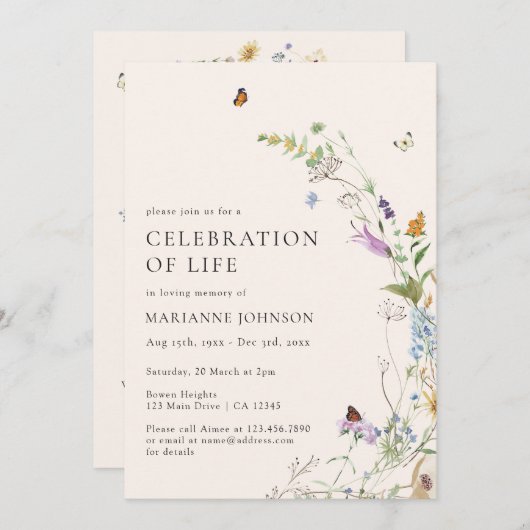 Wildblume Schmetterling Blumenfeier Einladung (Vorne/Hinten)