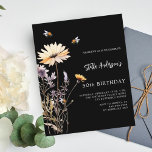 Wildblume schwarz-gelb lila Geburtstagseinladung<br><div class="desc">Ein schwarzer Hintergrund. Mit Bienen dekoriert und Wildblumen in Violett und Rosa gestrichen. Personalisieren und fügen Sie einen Namen und Party-Details hinzu. Weißer Text. 1 Blatt = 1 Einladung mit Druckkante bis Kante.</div>