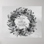 Wildblume Schwarz-Weiß-Hochzeit Begrüßungszeichen Poster (Vorne)