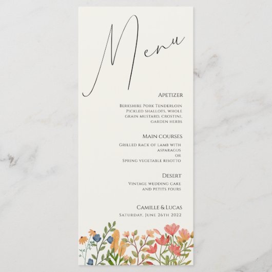 Wildblume Script Modern Wedding Menu Menükarte (Vorderseite)