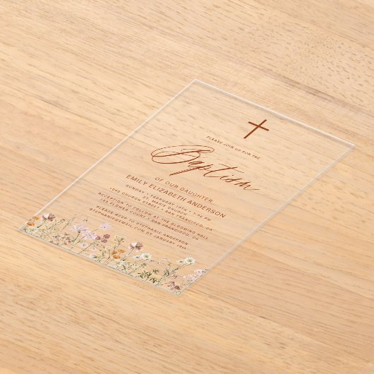 Wildblume Script Neutral Beige Taufe Acryleinladungen (Ablage )