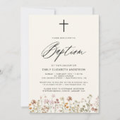 Wildblume Script Neutral Beige Taufe Einladung (Vorderseite)