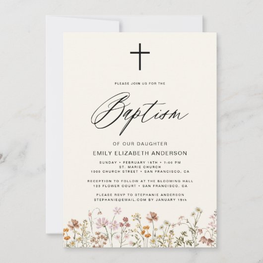 Wildblume Script Neutral Beige Taufe Einladung (Vorderseite)