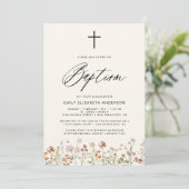Wildblume Script Neutral Beige Taufe Einladung (Stehend Vorderseite)