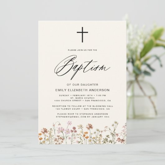 Wildblume Script Neutral Beige Taufe Einladung (Stehend Vorderseite)