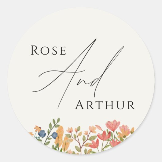 Wildblume Script Wedding Classic Round Sticker (Vorderseite)