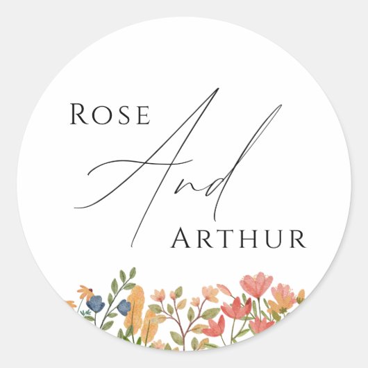 Wildblume Script Wedding Classic Round Sticker (Vorderseite)