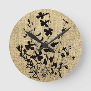 Wildblume Silhouette Burlap Runde Wanduhr