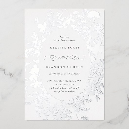 Wildblume Silhouette Oval Rahmen Hochzeitssilber Folieneinladung (Vorderseite)