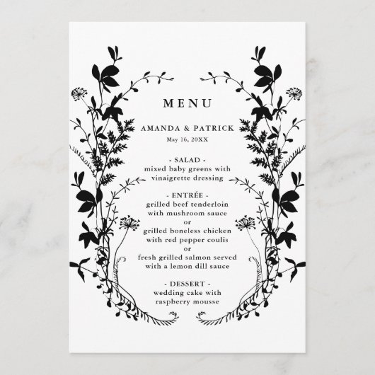 Wildblume Silhouette Wreath Wedding Black & White Menükarte (Vorderseite)