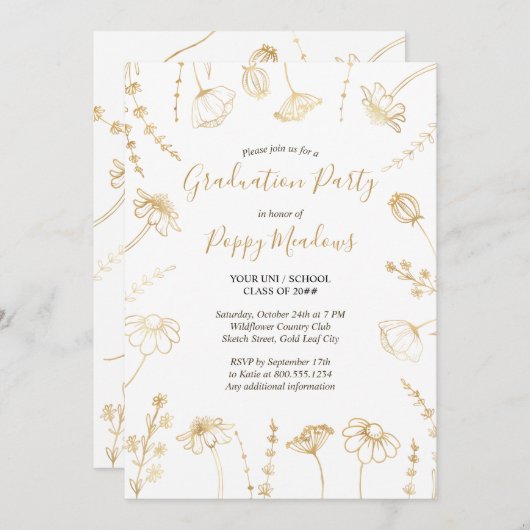 Wildblume Sketch Gold Blume Graduation Party Einladung (Vorne/Hinten)