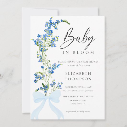 Wildblume Soft Bloom Blue Bow Elegant Baby Dusche Einladung (Vorderseite)