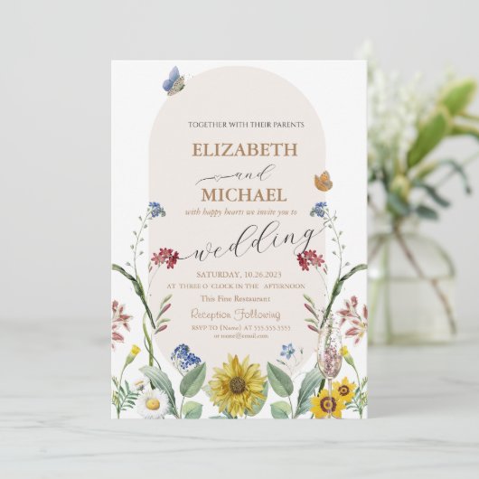 Wildblume Sonnenblumen Schmetterlinge Champagnergl Einladung (Stehend Vorderseite)