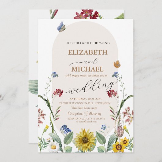 Wildblume Sonnenblumen Schmetterlinge Champagnergl Einladung (Vorne/Hinten)