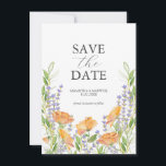 Wildblume Speichern der Datumskarten Save The Date<br><div class="desc">Teilen Sie die Freude Ihrer kommenden Neuheiten mit unserer elegant gestalteten, blumengeschmückten Save the Date Einladung. Diese Einladung zeigt atemberaubende Aquarellbilder von Orangenmohn-Blume, zartem Lavendel und üppiger Vegetation, die das Wesen einer Hochzeit zum Thema Wildblume perfekt abbilden. Passen Sie es einfach mit Ihren Namen und Ihrem Hochzeitstermin mit den bereitgestellten...</div>