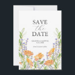 Wildblume Speichern der Datumskarten Save The Date<br><div class="desc">Teilen Sie die Freude Ihrer kommenden Neuheiten mit unserer elegant gestalteten, blumengeschmückten Save the Date Einladung. Diese Einladung zeigt atemberaubende Aquarellbilder von Orangenmohn-Blume, zartem Lavendel und üppiger Vegetation, die das Wesen einer Hochzeit zum Thema Wildblume perfekt abbilden. Passen Sie es einfach mit Ihren Namen und Ihrem Hochzeitstermin mit den bereitgestellten...</div>