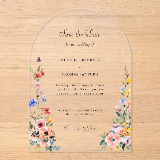 Wildblume Spring Wedding Save the Date Acryleinladungen (Vorderseite)