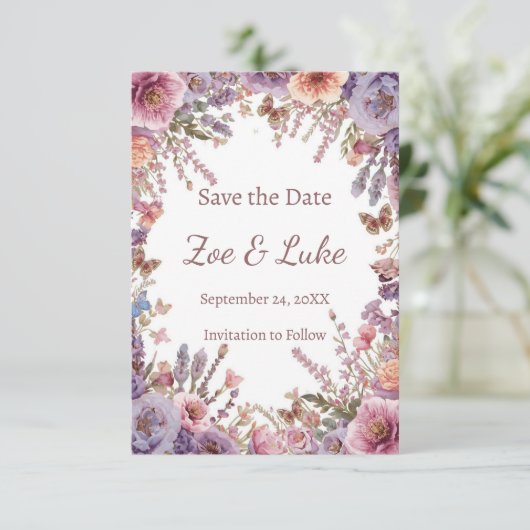 Wildblume STD mit rosa getrocknetem Lavendel Save The Date (Stehend Vorderseite)