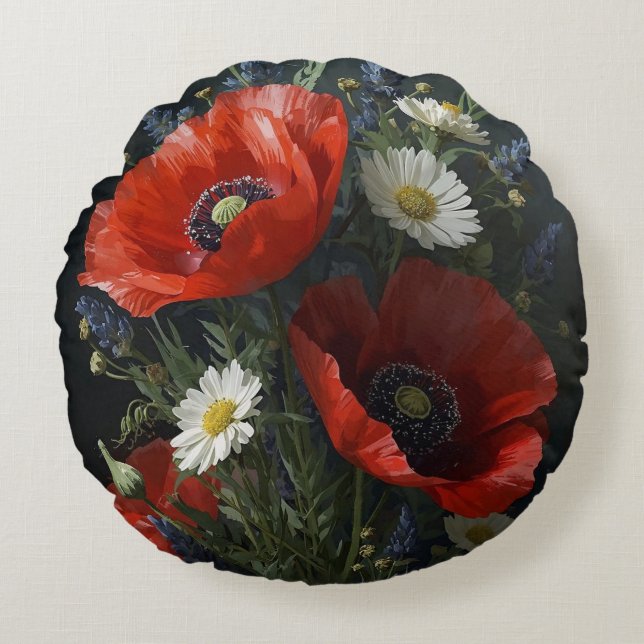 Wildblume Stillleben - Kernrealismus Blumenflora Rundes Kissen (Vorderseite)