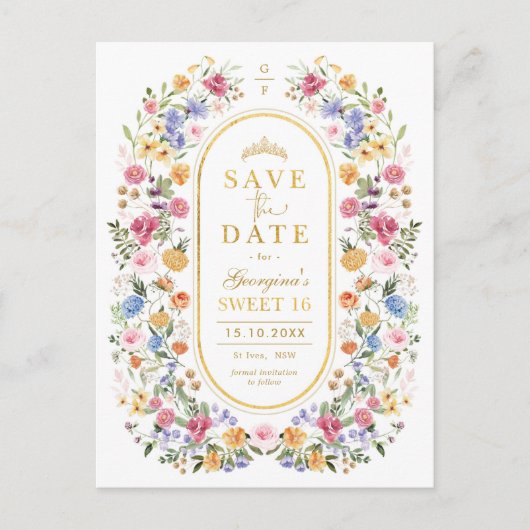 Wildblume Sweet 16 Quinceanera Save the Date Ankündigungspostkarte (Vorderseite)