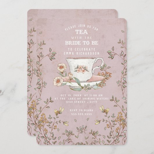 Wildblume Tee Party Dusty Pink Brautparty Einladung (Vorne/Hinten)