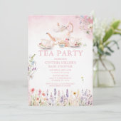Wildblume Tee Party Rosa Blumenspülung Einladung (Stehend Vorderseite)