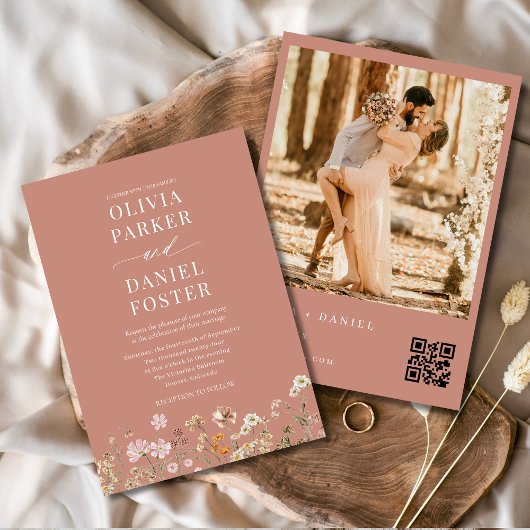 Wildblume Terracotta Boho QR Code Foto Hochzeit Einladung