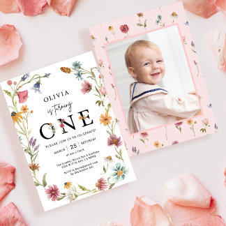 Wildblume Thema Girl 1. Geburtstag Foto Einladung