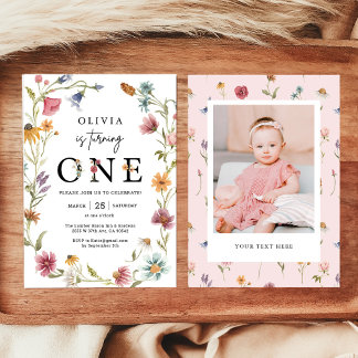 Wildblume Thema Girl 1. Geburtstag Foto Einladung