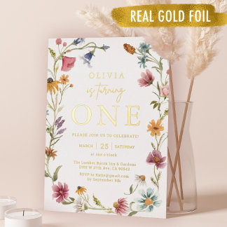 Wildblume-Thema Gold Foil Girl 1. Geburtstag Folieneinladung