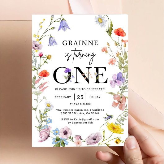 Wildblume Thema Mädchen 1. Geburtstag Einladung