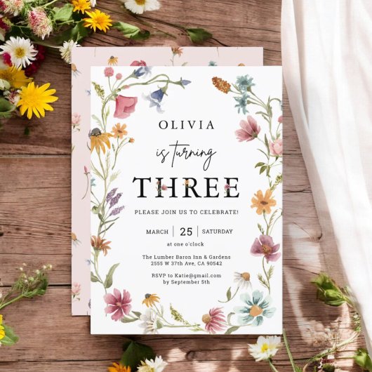 Wildblume Thema Mädchen 3. Geburtstag Einladung