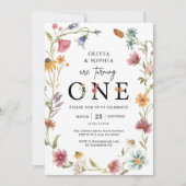 Wildblume Theme 1. Twins Geburtstagsparty Einladung (Vorderseite)