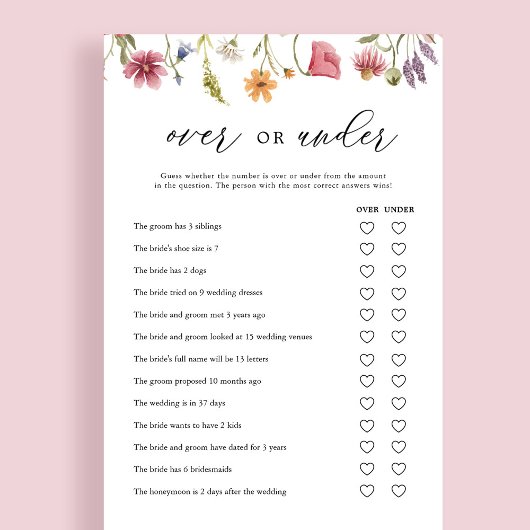 Wildblume über oder unter Brautparty-Spielkarten