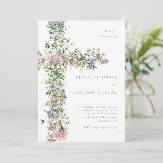 Wildblume überqueren Taufe Christening Blue Einladung (Stehend Vorderseite)