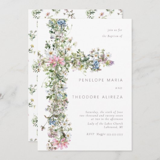 Wildblume überqueren Taufe Christening Blue Einladung (Vorne/Hinten)