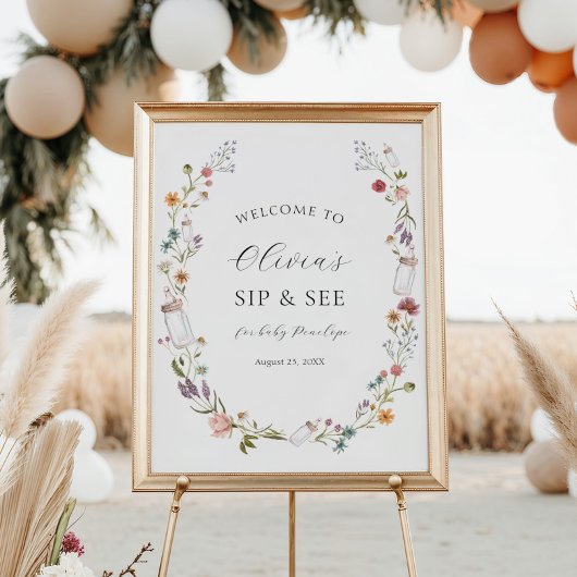 Wildblume und Flaschen Baby Sip & See Willkommen Poster