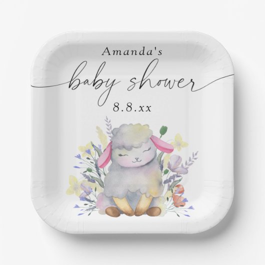 Wildblume und Lamm - Babydusche Pappteller (Vorderseite)