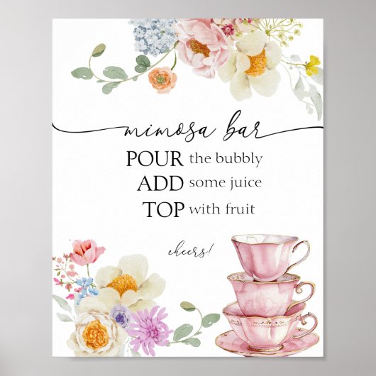 Wildblume und Rosa Teacups Mimosa Unterschreiben Poster (Vorne)