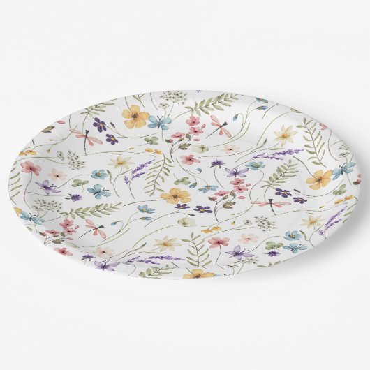 Wildblume und Schmetterlingsmuster Pappteller (Schrägansicht)