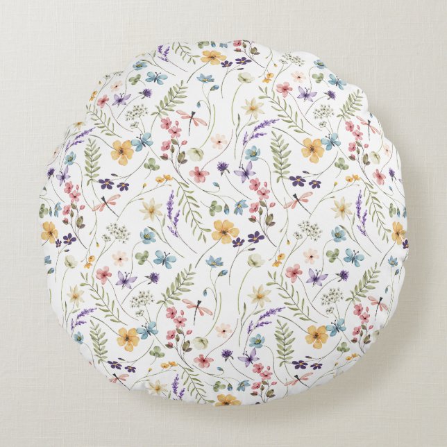Wildblume und Schmetterlingsmuster Rundes Kissen (Vorderseite)