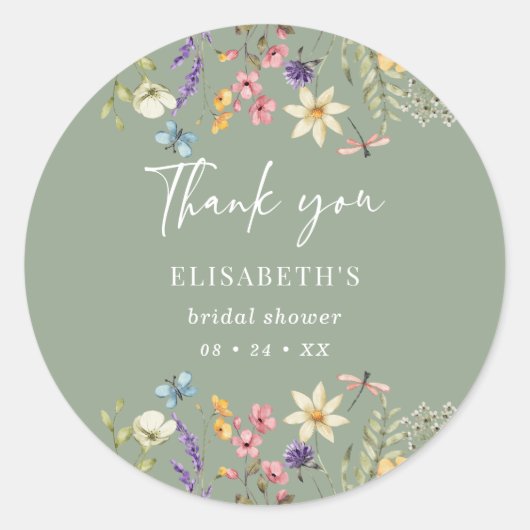 Wildblume und Schmetterlingssage Grünes Brautparty Runder Aufkleber (Vorderseite)
