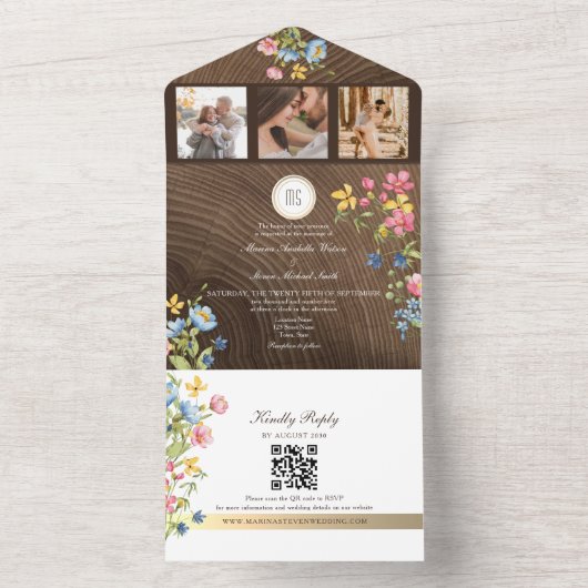 Wildblume Waldland Rustic Boho Wedding All In One Einladung (Innen Boden)