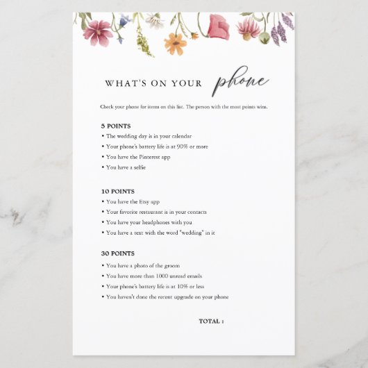 Wildblume Was ist auf Ihrem Handy Brautparty Spiel (Vorderseite)